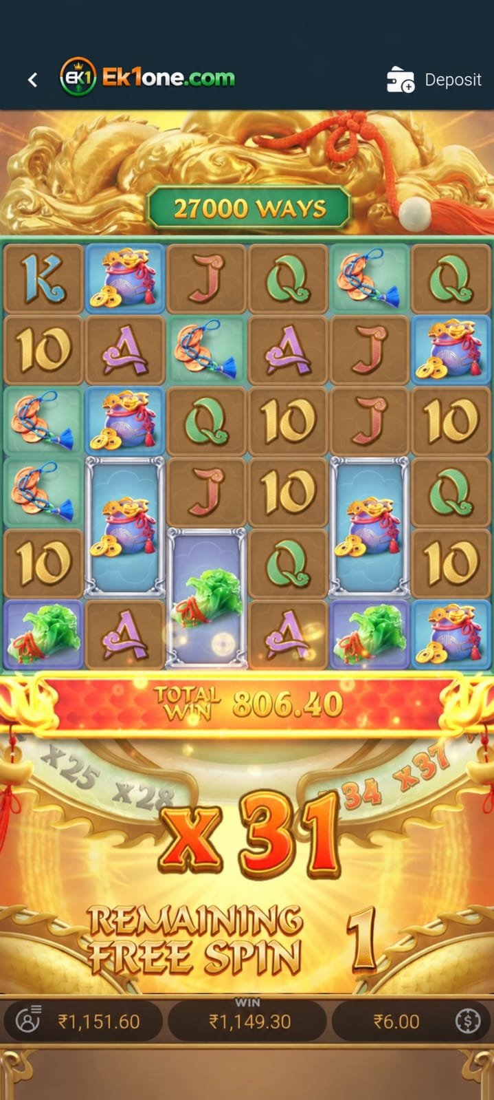 EK1 Game APK showing 27000 Ways Spin and Free Spin gameplay